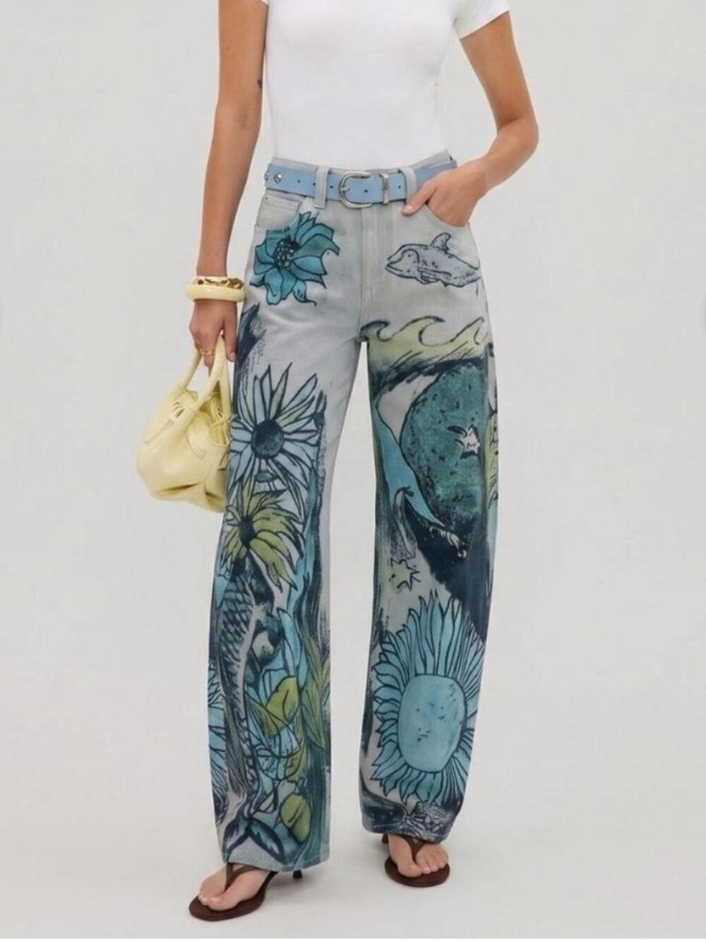 NWT Free People Tinsley Printed Straight Leg Jeans in Seashore Combo